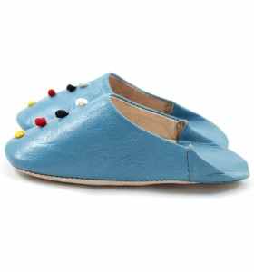 Children Slippers made of Turquoise Leather with Pom-Poms