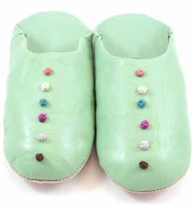 Slippers made of Mint Green Leather with Pom-Poms