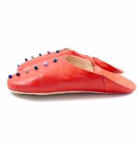 Slippers made of Coral Red Leather with Pom-Poms