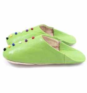 Slippers made of Green Apple Leather with Pom-Poms